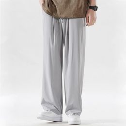 Calças casuais masculinas leves largas de seda de gelo verão retas soltas legais para casa roupas esportivas de secagem rápida streetwear hiphop
