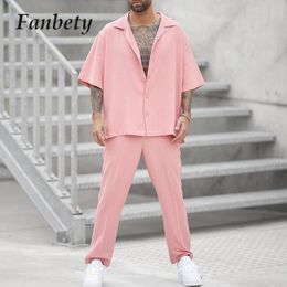 Men's Tracksuits Men's Pink Casual Suit Fashion Lapel Shirt Top and Trousers Set Trendy Solid Colour Blazer Pants Two Piece Set Men's Clothing 230717