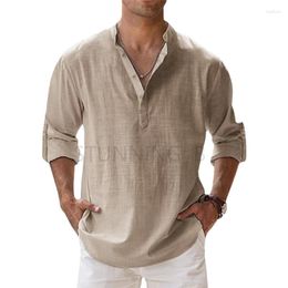 Men's Polos Spring And Autumn Linen Long Sleeve Breathable Shirt Solid Color Casual Basic Cotton Tops