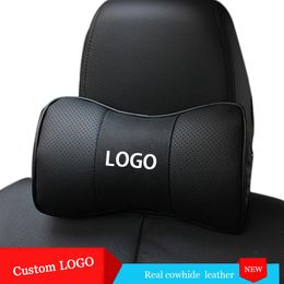 2PC Car Sport Genuine Leather Bone-Shaped Car Seat Pillow protection Neck Rest Headrest Comfortable Cushion custom Logo Pattern347p