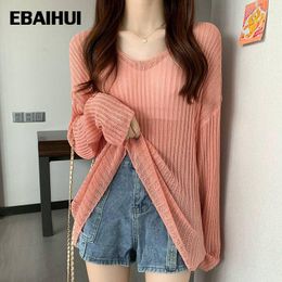 Women's Sweaters EBAIHUI 2023 Chic Korean Fashion Vintage Pink Sunproof Sweater Spring Summer Knitted Candy Colours Lady Tops