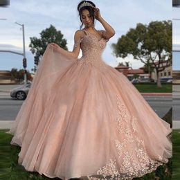 Classic Sweety Light Pink Quinceanera Dresses V-Neck Spaghetti Straps Appliques Lace Beads Sequin For 15 Girls Ball Formal Party Gowns Floor Length Tulle Robe