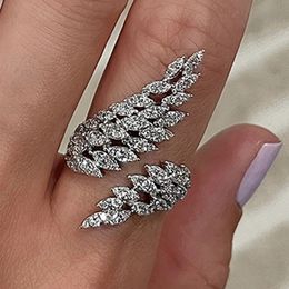 Huitan Newly-designed Feather Wing Shaped Opening Rings for Women Silver Colour Full Dazzling Cubic Zirconia Fashion Female Rings