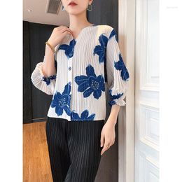 Women's Jackets Miyake Pleated Jacket 2023 Summer Printed Temperament Fan Breasted Top Women's Cardigan