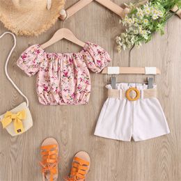 Clothing Sets Infant Baby Girls Clothes Sets Summer Puff Sleeve Tops Floral Print T-Shirt+Solid Short With Belt 3Pcs for 2 4 5 6Years