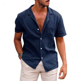 Men's Polos Summer Casual Solid Color Blouse Cotton Linen Short Sleeve Shirt Loose Cardigan Tops Comfy Breathable Beach Male 230717