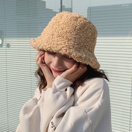 Berets Women Lamb Wool Bucket Hat Solid Colour Fishing Fisherman Autumn Winter Plush Girls Outdoor Warm Panama Cap