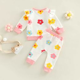 Clothing Sets 2-Piece Infant Baby Girl Outfits Flower Print Ruffle Long Sleeve T-Shirt and Casual Pants Set for Toddlers 0-24 Months