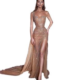 Luxury Illusion Gold Mermaid Evening Dresses With Crystals Beaded Sexy Side Split One Shoulder Prom Dress Long Formal Gowns