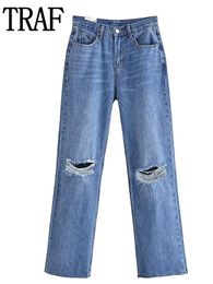 Women's Jeans TRAF Blue Baggy Women Ripped Denim Pants Woman High Waist Wide Leg Female Fashion Streetwear Trousers 230718