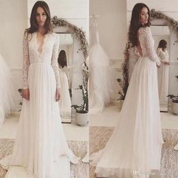 lace chiffon long sleeve plus size wedding dresses simple vneck backless sweep train country flowy beach wedding gown247q