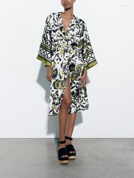 Women's Jackets Summer Clothing Home Cardigan Coat With Belt Loose Silk Satin Texture Printed Kimono