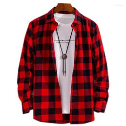 Men's Casual Shirts Men Shirt Cotton Chequered Checkboard Plaid Red Korean Style Campus Thick Spring Long Sleeve GR04