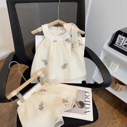 Clothing Sets Girls' Suit Summer New Children's Ice Silk Embroidery Flower Halter Sleeveless Top Shorts Two-piece Set Kids Clothes