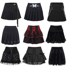 Skirts Punk Harajuku Mini Skirt Sexy Y2K Grunge Gothic Black Lace High Waist Pleated A-line Skirt 90s Vintage Women E-girl Clothes 230717