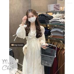 Casual Dresses Elegant Mesh Party Gentle Style Fairy 2023 Summer Loose Lady V-Neck Korean Temperament Waist Closing Long Dress