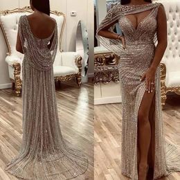 Gorgeous Mermaid Prom Dresses V Neck Collar Decoration Shining Applicants Side Split Backless Court Gown Custom Made Plus Size Party Dress Vestido De Noite