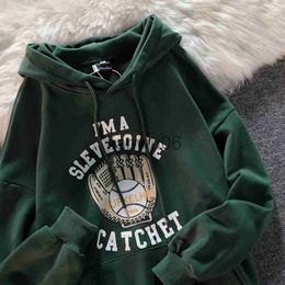 Women's Hoodies Sweatshirts Dark green American baseball gloves printed Hoodie youth fashion Sweatshirt fall Vintage men's and women's loose Hoodie J230718