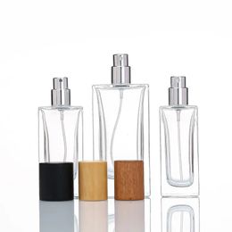 30ml 50ml 100ml Clear Empty Square Shaped Glass Spray Perfume Bottle with Wooden Lids