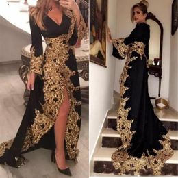 Kaftan Dubai Style Muslim Evening Dresses Long Sleeves Black Velour Gold Appliques Ladies Formal Prom Gowns Abiye Gece Elbisesi321h