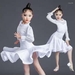 Stage Wear Velvet Long Sleeves Latin Dance Dress For Children Girls Competition Ballroom Kids Tango Salsa Dancewear Practise