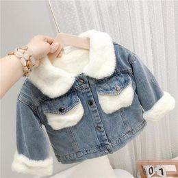 Jackets Baby Boys Girls Denim Jacket Autumn Winter Fashion Faux Fur Jean Coat Children Thick Outwear Toddler Casual Clothes