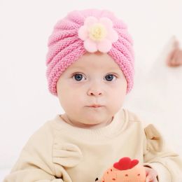 OC D005 Childrens Hats Floral Decoration Colour Knitted Wool Hat Thick Down to Keep Warm in Winter Wholesale