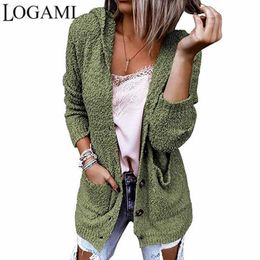 Women's Sweaters LOGAMI 2021 Autumn and Winter Single Button Hooded Sweater Cardigan New Fleece Sweater Women's Soft Jacket L230718