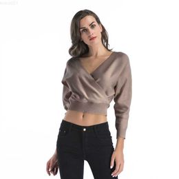 Women's Sweaters Women's Cross Knitted Sweater Autumn Winter Female's Fashion Batwing V-neck Short Casual Crop Ladies Bare Midriff Knitting Shirt L230718