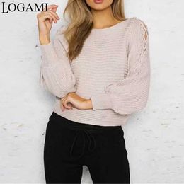 Women's Sweaters LOGAMI Lace Up Sleeve Short Autumn Winter Woman Sweater Knitting Pullovers Sexy Sweaters Fashion 2018 Women L230718