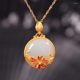 Chains In Fish-shaped Lotus Flower Natural Hetian Jade Pendant Chinese Style Ancient Gold Craft Round Necklace Jewelry For Women