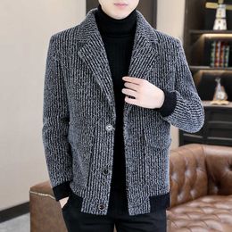 Men's Wool Blends Winter Wool Blends Jackets Men Thicken Keep Warm Coats Fashion Lapel Striped Casual Business Trench Coat Streetwear Overcoat HKD230718