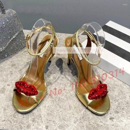 Dress Shoes Diamond Red Lips Heeled Sandals Women Luxury Suede Real Leather High Heels Ladies Open Toe Summer Ankle Strap