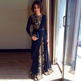 Navy Blue A Line Chiffon Muslim Evening Dresses Long Sleeve Jewel Neck Appliques Formal Gowns Dubai Kaftan Abayas Arabic Evening W1735