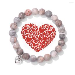 Charm Bracelets Heart Bracelet Pink Zebra Stone Beads For Women Men Couple Silver Color Love Pendant Bangles Jewelry Gift