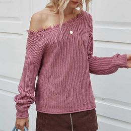 Women's Sweaters Women's Sexy Sweater Autumn Winter Off Shoulder Slash Neck Knitting Shirt Long Sleeve Ruffles Neck Loose Casual Pullover Jumper L230718