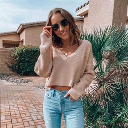 Women's Sweaters Fitshinling Casual V Neck Woman Sweaters Knitwear Crop Top Long Sleeve Autumn Jumper Solid Basic Pullover New 2021 Sweater Sale L230718