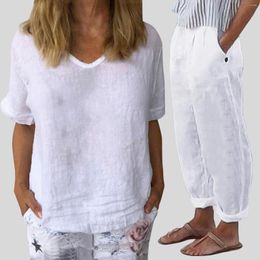 Women's Two Piece Pants Imitation Cotton Linen Suit For Suits Tracksuit Short Sleeve Shirt Set Female Casual Elegant Ladies 2 Sets