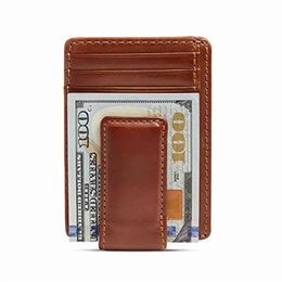 Black Brown Mens Strong Magnetic RFID Blocking Slim Genuine Leather Money Clip Wallet for Man Gift233L
