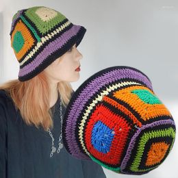 Berets Women's Handmade Crochet Bucket Hats Vintage Y2k Colourful Fashion Autunm Winter Warm Beach Hat Korean Hollow Knitted Caps Betet