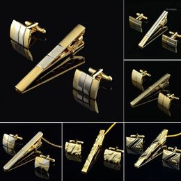 Gold Tie Clip and Cufflink Set For Men Classic Metre Tie Clips Cufflinks Sets Copper Bar Golden Collar Pin Jewelry1272m