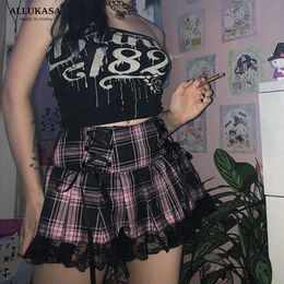 Skirts Lace Up Goth Y2K Woman Skirts Pink Stripe Plaid Lace Trim Pleated School Skirt Punk Dark Academia Aesthetic E Girl Clothes 230717