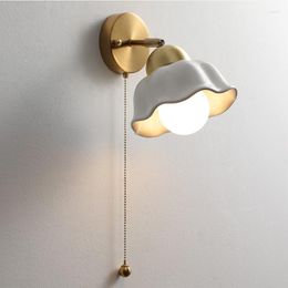 Wall Lamp Retro Simple White Ceramic Corridor Bedside Living Room Lighting Decor Pull Rope Switch E27 Sconce Copper Fixture