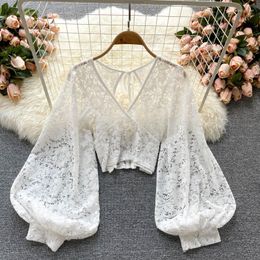 Women's Blouses Est V-neck Spring Autumn Sexy Lace Shirt Hollow Out Lantern Stand Collar Short Blouse Women Elegant Casual Loose Tops Blusas