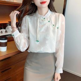 Women's Blouses Chinese Style Jacquard Bubble Sleeve Long-sleeved Blouse Women Spring Design Versatile Retro Button Chiffon Female Top