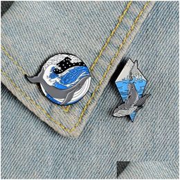 Pins Brooches Deep Sea Whale Pins Blue Wave Lonely Grey Enamel For Women Lapel Pin Badge Clothes Backpack Bag Animal Jewelry Gifts Dh1Mq