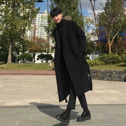 Men's Wool Blends Men Black Wool Blends Coats Vintage Japan Style Loose Sashes Casual Harajuku Outwear Over Knees All-match Thickening Warm Korean HKD230719