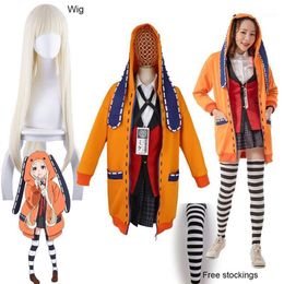 Yomoduki Runa Cosplay Costume Kakegurui Compulsive Gambler Runa Cosplay Wig and Orange Hooded Jacket JK Uniforms1250A