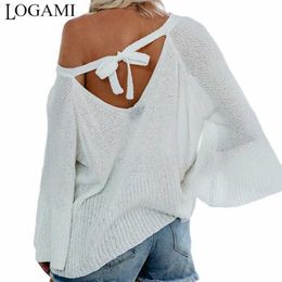 Women's Sweaters LOGAMI Lace Up Backless Pullovers Women Flare Sleeve Loose Sexy Thin Sweater Womens Knitting Pullover L230718