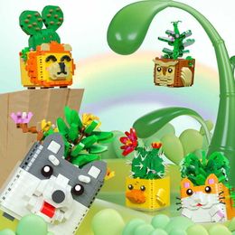 Blocks Cute Animals Succulent Potted Flowers Building blocks Panda Cat Potted Cactus Model Assembled Bricks Children's Gift Toys